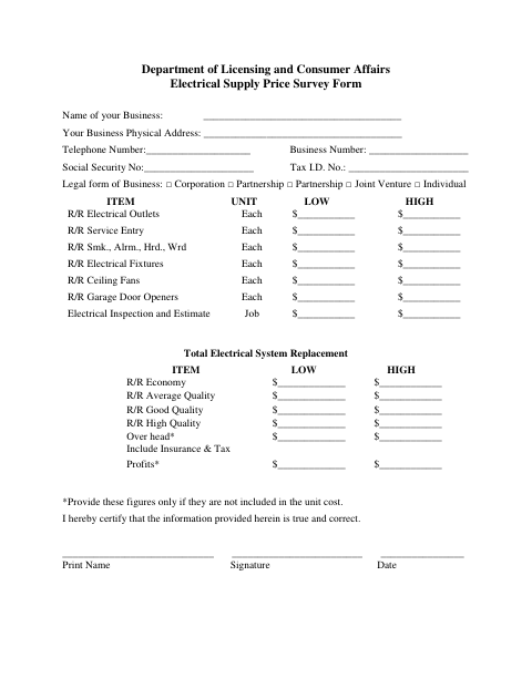 First page of the Electrical Supply Price Survey Form