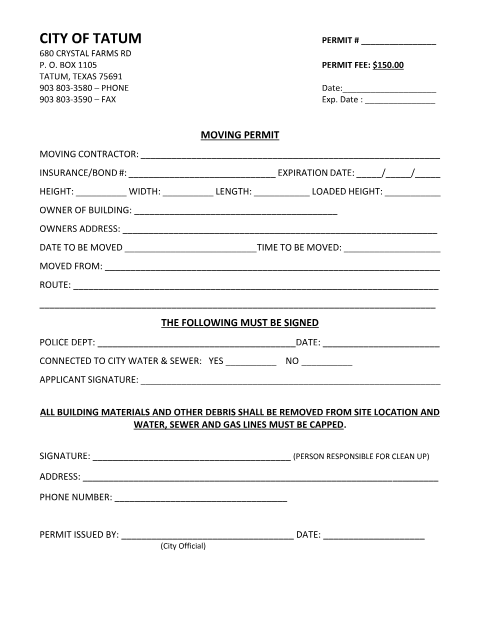 First page of the Moving Permit