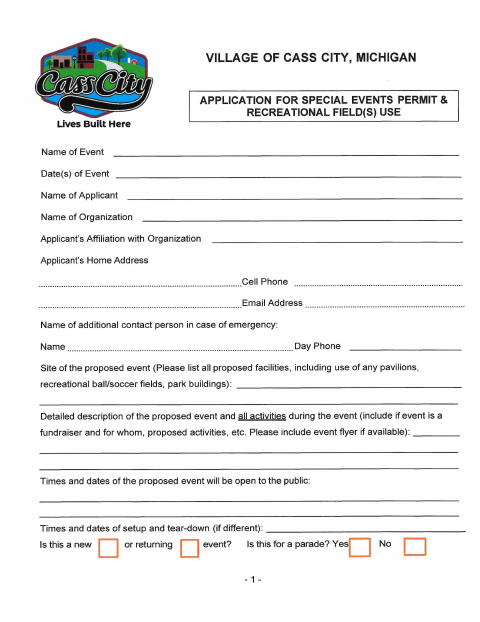 First page of the Special Events Permit Application
