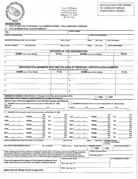 First page of the Bingo Permit Application