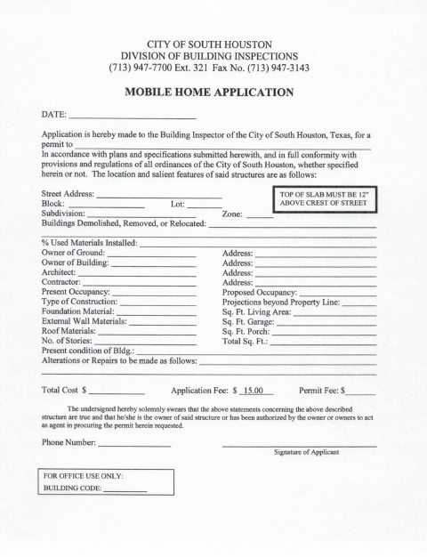First page of the Mobile Home Application