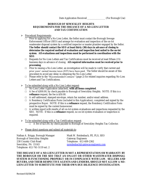 First page of the No-Lien Letter Application and Tax Certification