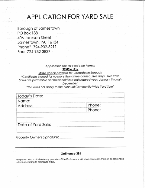First page of the Application for Yard Sale