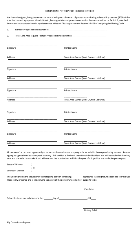 First page of the Nominating Petition for Historic District