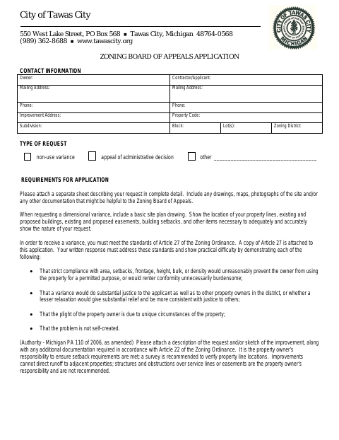 First page of the Zoning Board of Appeals Application