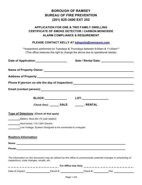 First page of the One and Two Family Dwelling Smoke Detector and Carbon Monoxide Alarm Compliance Application