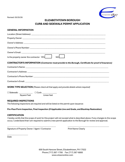 First page of the Curb and Sidewalk Permit Application