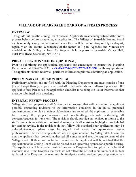 First page of the Zoning Board of Appeals Application