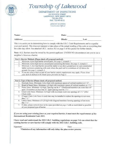 First page of the Pool Barrier Compliance Form
