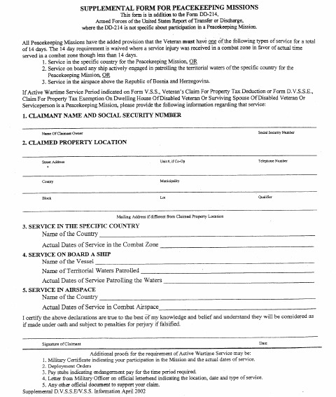 First page of the Supplemental Form for Peacekeeping Missions