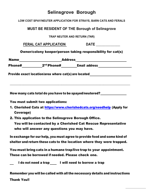 First page of the Low Cost Spay/Neuter Application for Strays, Barn Cats and Ferals