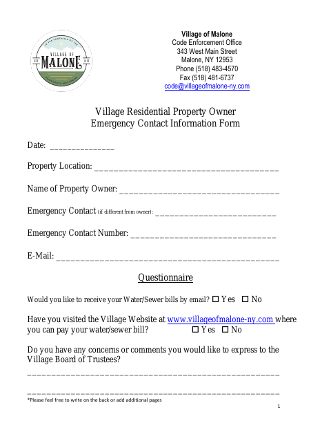 First page of the Village Residential Property Owner Emergency Contact Information Form