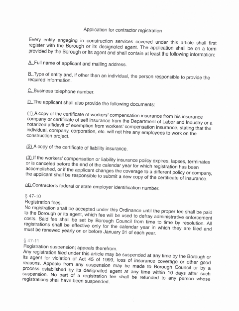 First page of the Contractor Registration Application