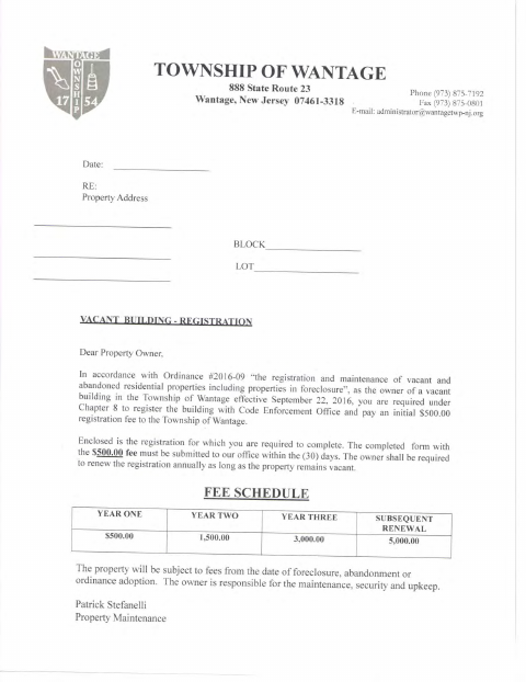 First page of the Vacant Property Registration