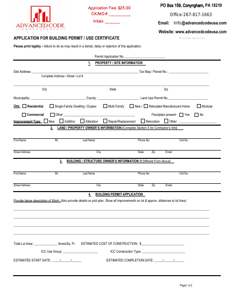 First page of the Application for Building Permit / Use Certificate