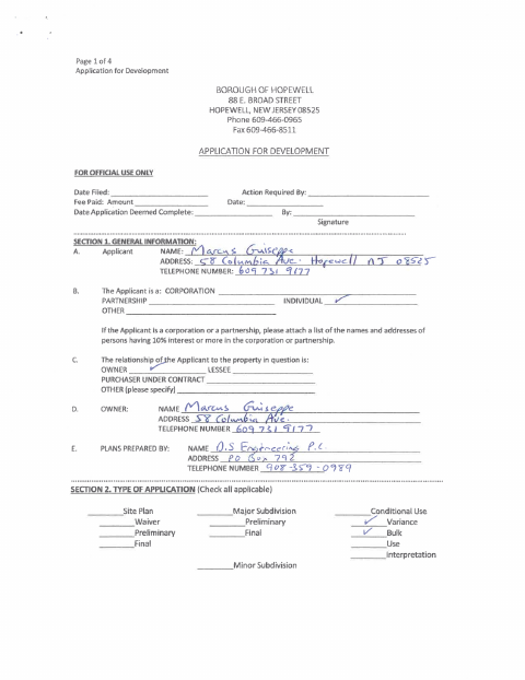 First page of the Variance Application