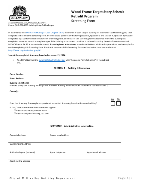 First page of the Wood-Frame Target Story Seismic Retrofit Program Screening Form