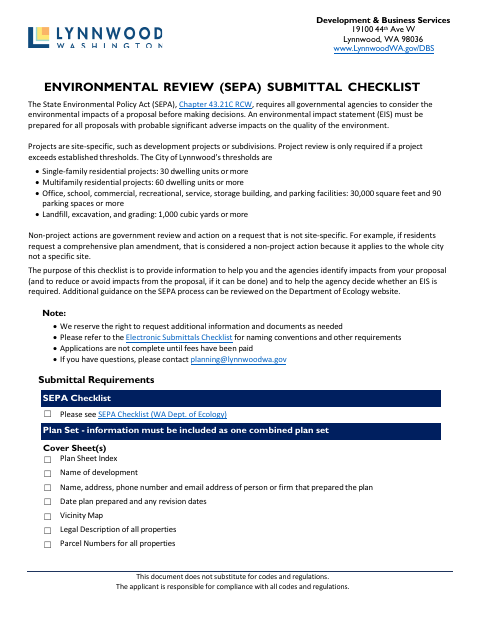 First page of the Environmental Review (SEPA) Submittal Checklist
