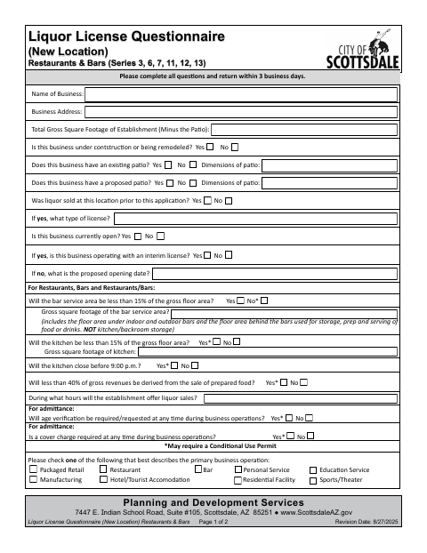 First page of the Liquor License Questionnaire (New Location) – Restaurants & Bars