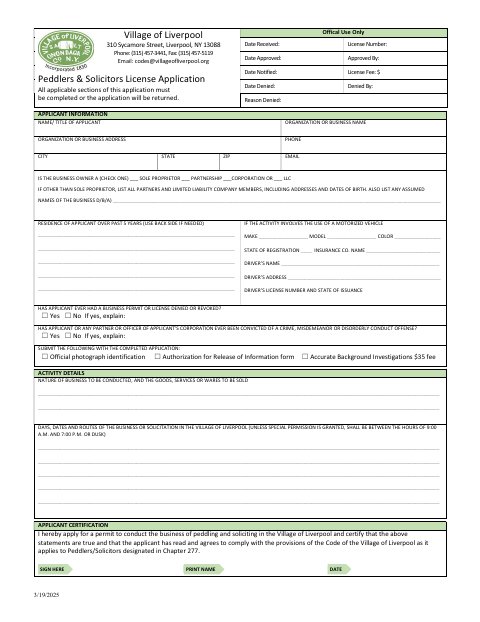 First page of the Peddlers & Solicitors License Application