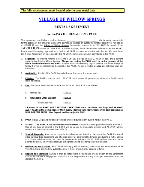 First page of the Rental Agreement for the Pavilion at Lion’s Park