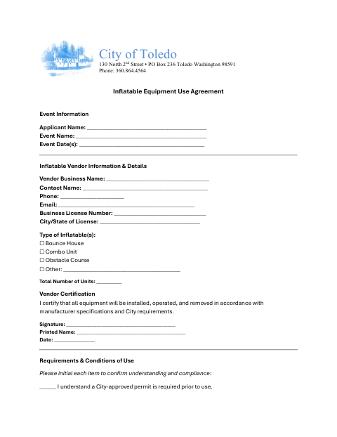First page of the Inflatable Equipment Use Agreement