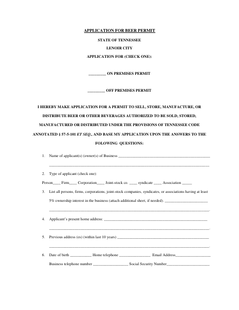 First page of the Beer Permit Application