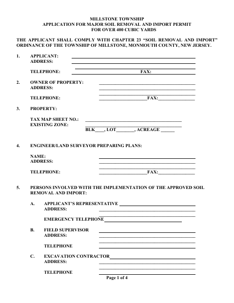 First page of the Major Soil Removal and Import Permit Application Over 400 Cubic Yards