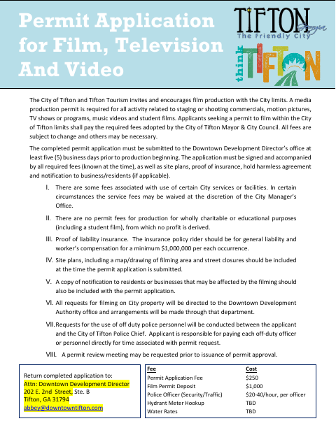 First page of the Film Permit Application