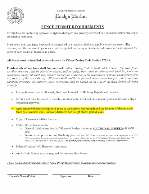 First page of the Fence Permit Application