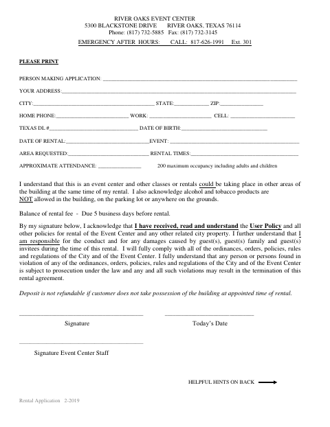 First page of the Event Center Rental Application