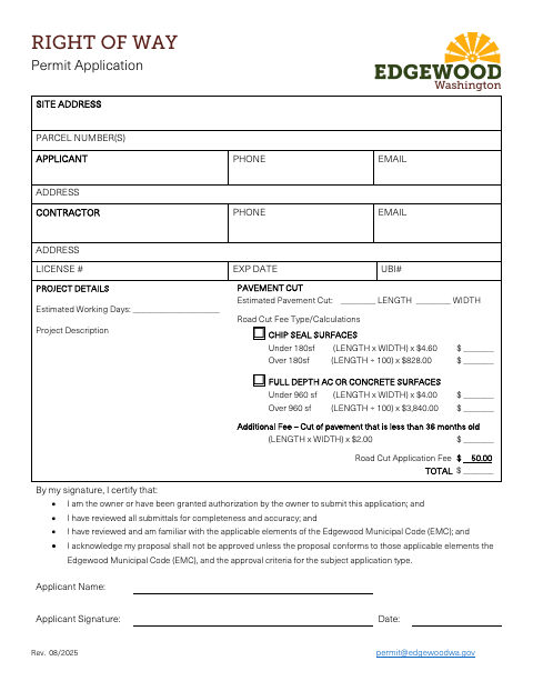 First page of the Right of Way Permit Application
