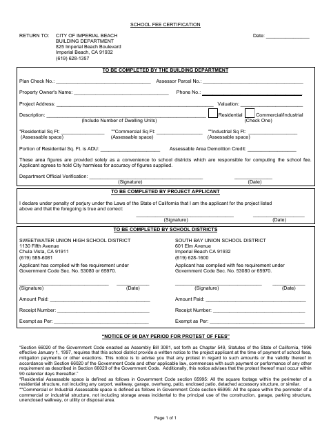 First page of the School Fee Certification