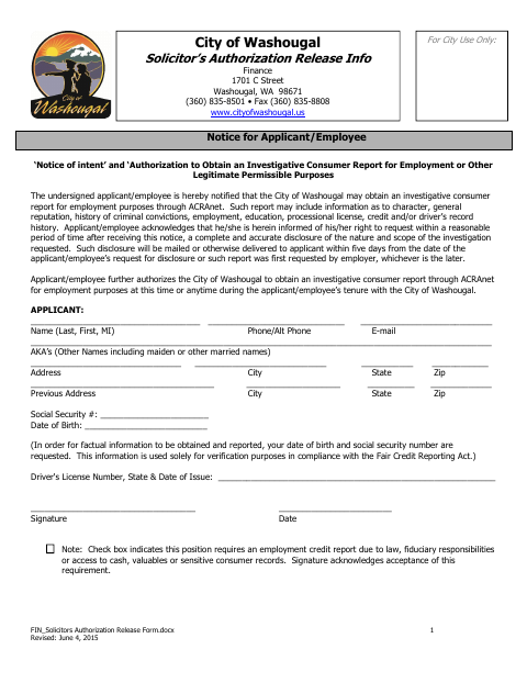 First page of the Solicitor's Authorization Release Form