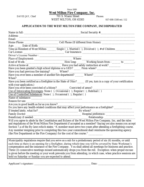 First page of the Application to the West Milton Fire Company, Incorporated