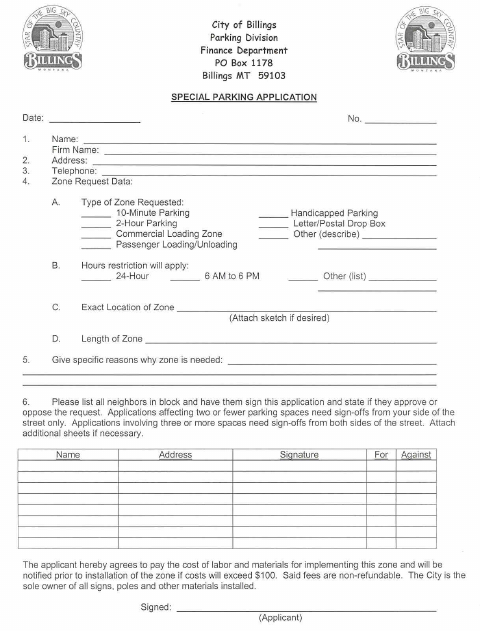 First page of the Special Parking Application