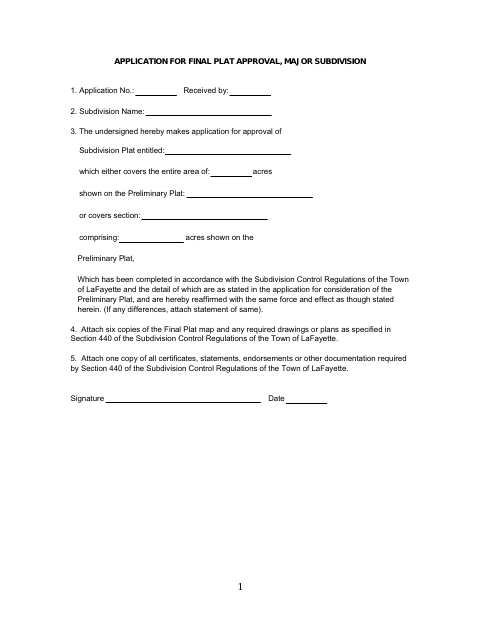 First page of the Application for Final Plat Approval, Major Subdivision