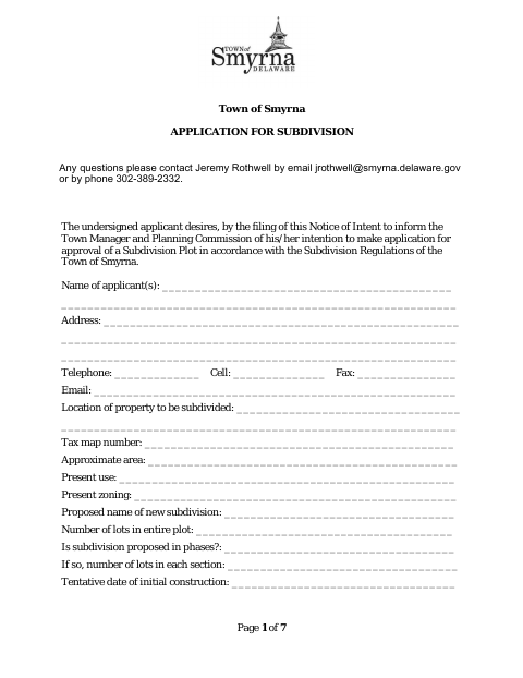 First page of the Application for Subdivision