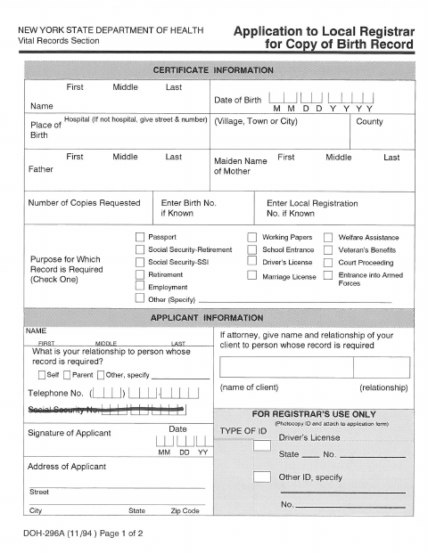 First page of the Birth Record Request Form