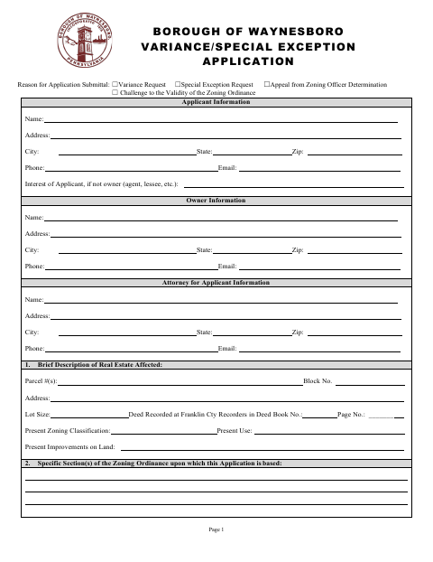 First page of the Variance/Special Exception Application