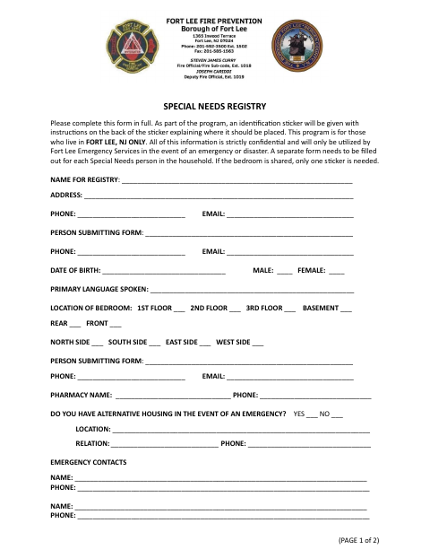 First page of the Special Needs Registry