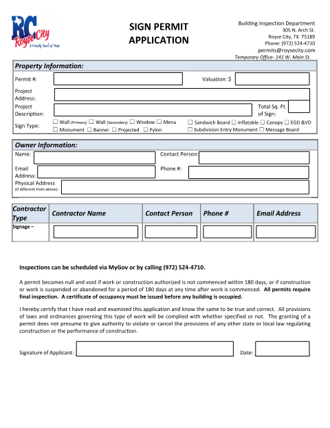 First page of the Sign Permit Application