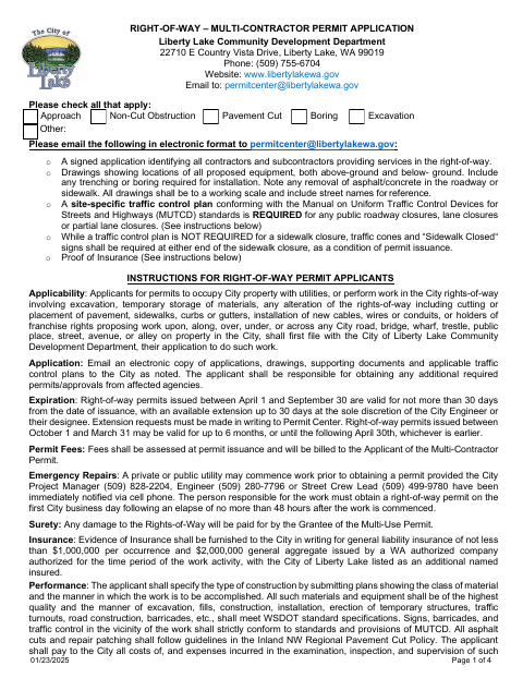 First page of the Right-of-Way Permit Multi-Contractor Application