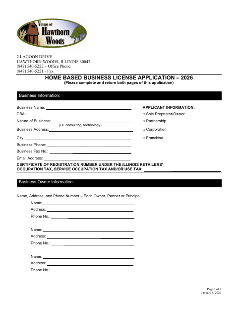 First page of the Home Based Business License Application