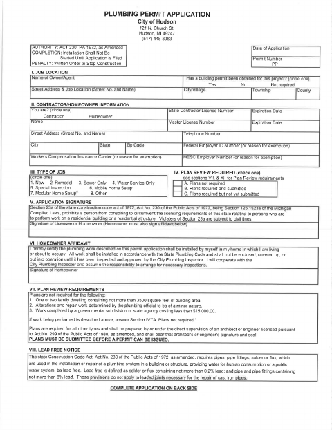 First page of the Plumbing Permit Application