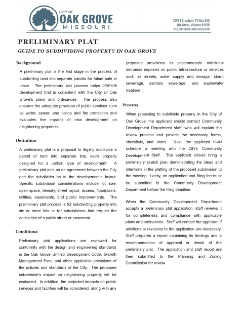 First page of the Preliminary Plat Application