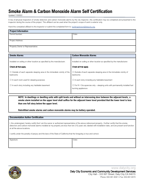 First page of the Smoke Alarm & Carbon Monoxide Alarm Self Certification