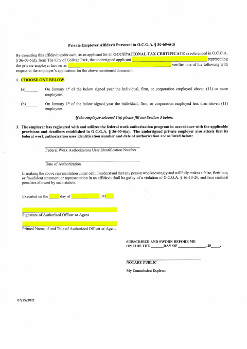First page of the Private Employer Affidavit