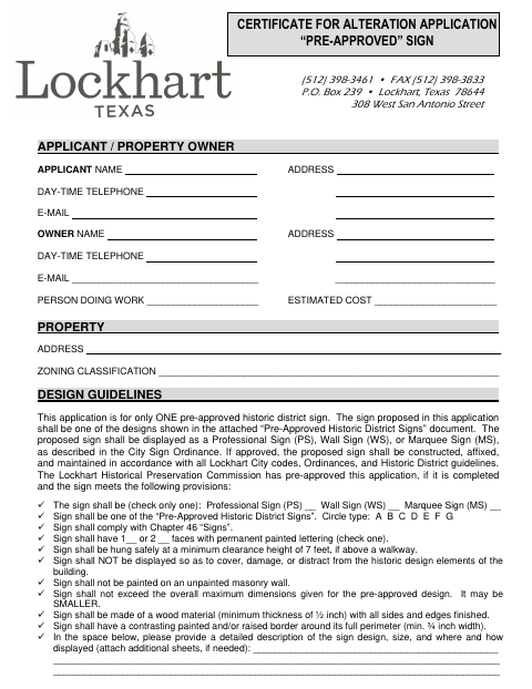 First page of the Pre-Approved Historic District Sign Application