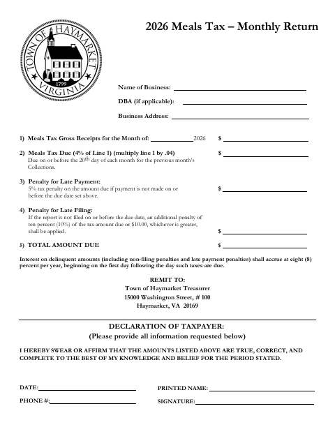 First page of the 2026 Meals Tax – Monthly Return
